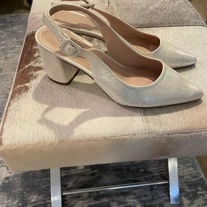 Brand new Edit 27 stacked heel gold cream sling backs